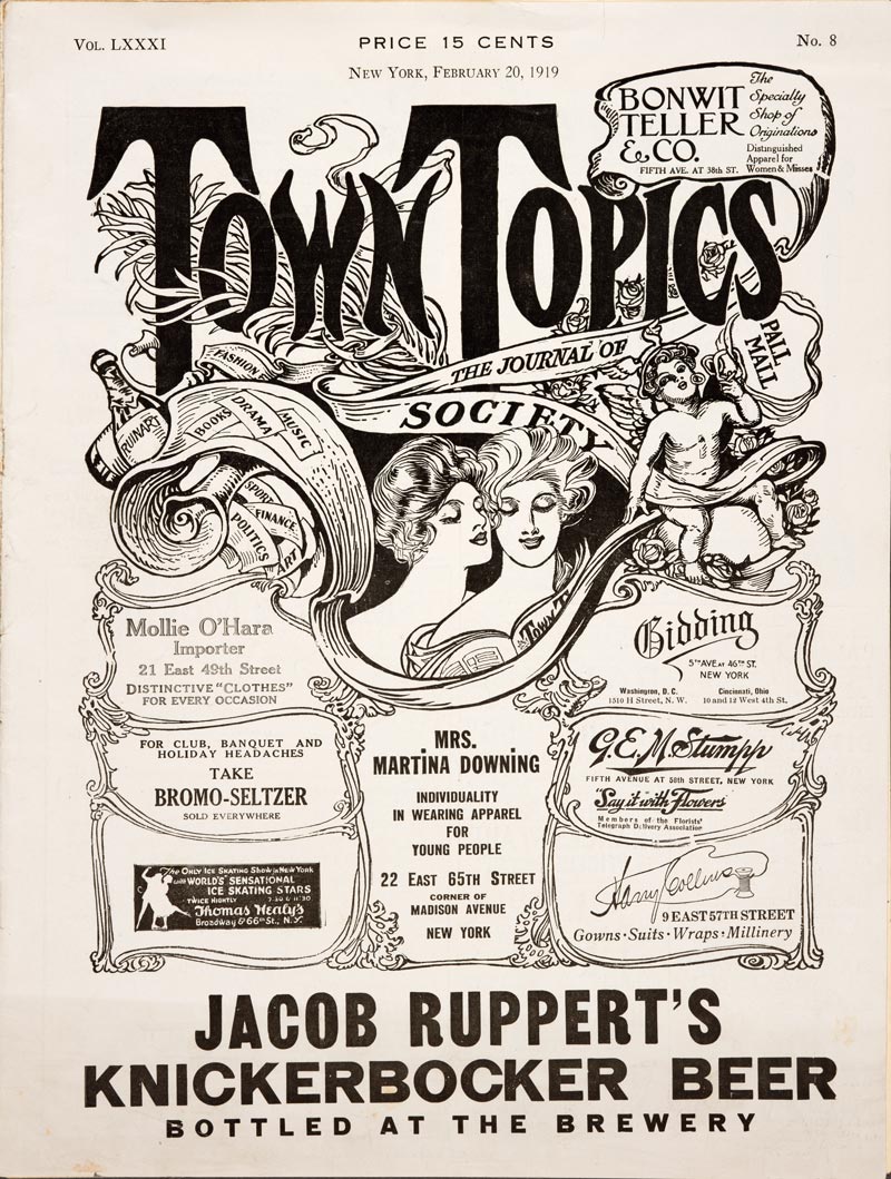 Front cover of an edition of Town Topics: The Journal of Society(Feb. 20, 1919). New York: Town Topics Publishing Company. The Huntington Library, Art Collections, and Botanical Gardens.
