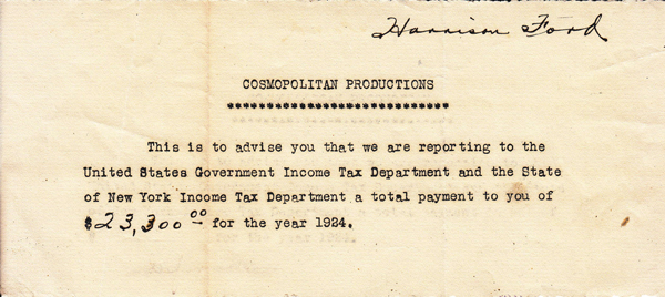 A record of the salary paid to actor Harrison Ford (but not that Harrison Ford) in 1924. His papers are at The Huntington.