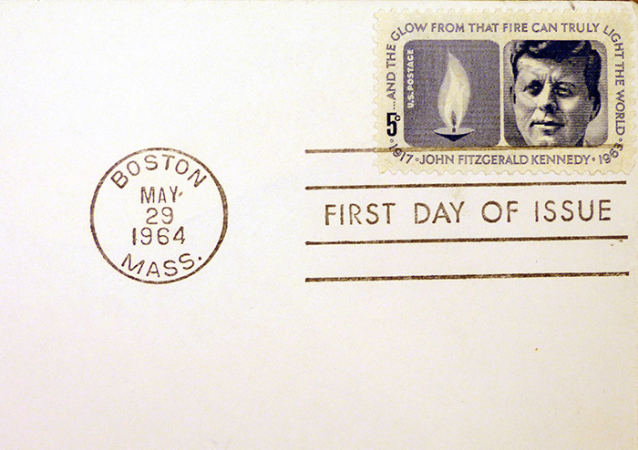 A first-day-of-issue of the JFK commemorative stamp.