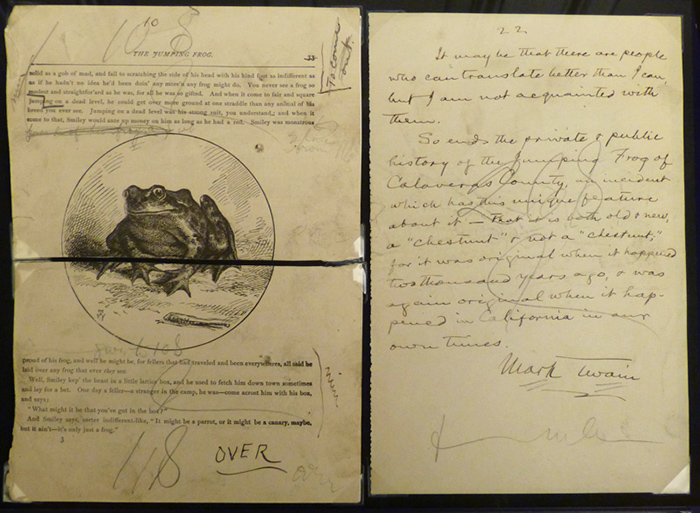 A 1983 newspaper article by Murphy led to another notable Huntington acquisition—a manuscript collection that included Mark Twain’s handwritten “Private History of the ‘Jumping Frog’ Story,” currently on display in “Remarkable Works, Remarkable Times: Highlights from the Huntington Library.”