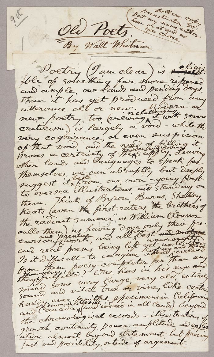 Also from the Bryce archive is one of Walt Whitman’s last published works, an essay titled “Old Poets.” It appeared in the North American Review in November 1890; Whitman died on March 26, 1892.