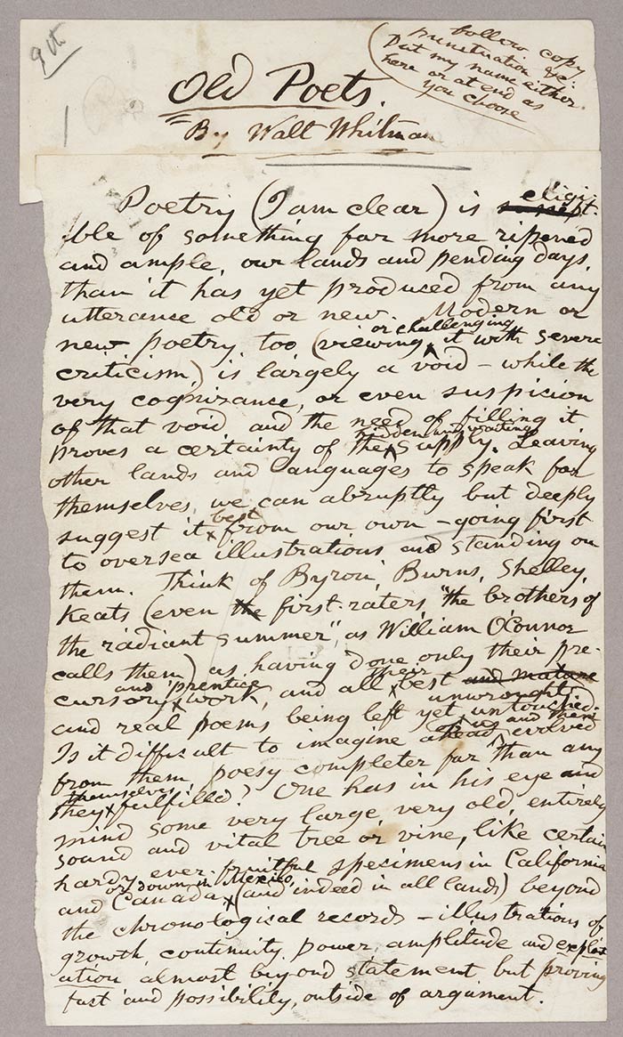 Also from the Bryce archive is one of Walt Whitman’s last published works, an essay titled “Old Poets.” It appeared in the North American Review in November 1890; Whitman died on March 26, 1892.