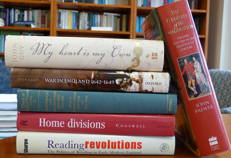 Some of the dozens of books that have acknowledged a debt to Mary Robertson: John Guy’s My Heart Is My Own: The Life of Mary, Queen of Scots (Harper, 2004); Barbara Donagan’s War In England, 1642–1649 (Oxford University Press, 2008); Conferences and Combination Lectures in the Elizabethan Church: Dedham and Bury St. Edmunds,1582–1590, edited by Patrick Collinson, John Craig, Brett Usher (Boydell Press, 2003): Thomas Cogswell’s Home Divisions: Aristocracy, The State, and Provincial Conflict (Stanford University Press, 1998); Kevin Sharpe’s Reading Revolutions: The Politics of Reading in Early Modern England  (Yale University Press, 2000); and John Brewer’s The Pleasures of the Imagination: English Culture in the Eighteenth Century (Farrar, Straus and Giroux, 1997).