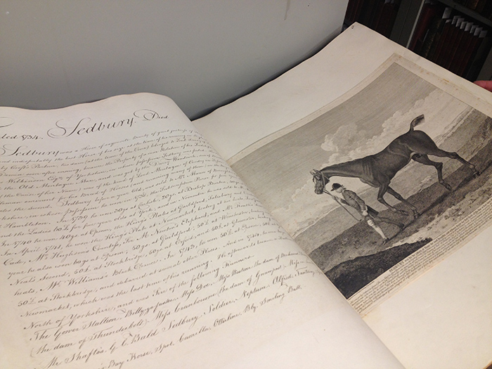 The massive Tattersall Collection of Race Horse Portraits measures nearly three feet by two feet and contains 500 prints and descriptions of English Thoroughbreds from 1720 to 1840. Santa Anita Park founder “Doc” Strubs donated the set to The Huntington in 1956.