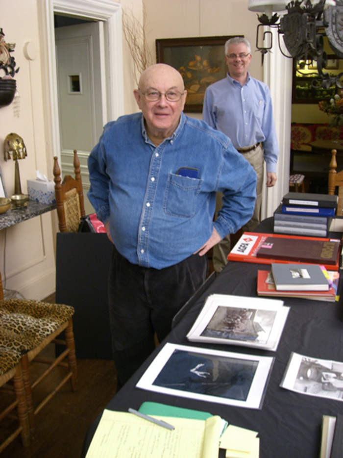 Yale curator Scott Wilcox (background) with Bruce Davidson at Davidson's home in New York City, 2010.