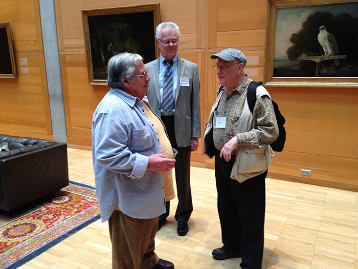 Scott Wilcox (center) with Paul Caponigro (left) and Bruce Davidson (right) as they meet for the first time at the opening of "Bruce Davidson/Paul Caponigro, Two American Photographers in Britain and Ireland" at the Yale Center for British Art, New Haven, June 2014.