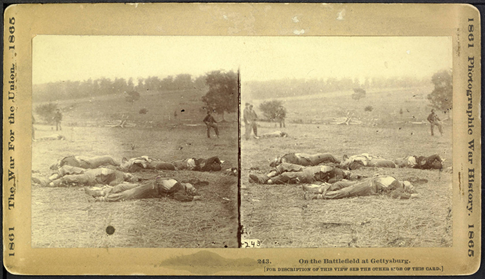 Photographs like Timothy H. O'Sullivan’s On the Battlefield of Gettysburg, showing bloated dead bodies, made war painfully real for many Americans. (1863, printed ca. 1891) The Huntington Library, Art Collections, and Botanical Gardens.
