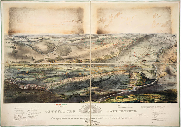 According to Civil War scholar David Blight, artist John B. Bachelder (1825–1894) walked every inch of the Gettysburg battlefield to render this map, showing roads, railroads, houses and places where officers were killed and wounded. (c. 1863) The Huntington Library, Art Collections, and Botanical Gardens.