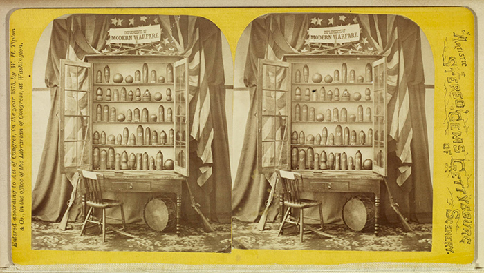 Implements of Modern Warfare (1875) shows one man’s fascination with Civil War objects. L.M. Buehler collected these items at the close of the war and made them into a curiosity cabinet that official Gettysburg photographer William H. Tipton called “the only one in the world.” The Huntington Library, Art Collections, and Botanical Gardens.