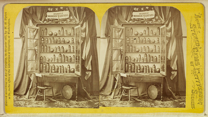 Implements of Modern Warfare (1875) shows one man’s fascination with Civil War objects. L.M. Buehler collected these items at the close of the war and made them into a curiosity cabinet that official Gettysburg photographer William H. Tipton called “the only one in the world.”  The Huntington Library, Art Collections, and Botanical Gardens.