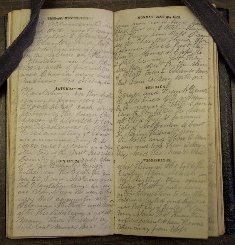 At the lower left of this opening to John Burrud’s diary is a passage that reads, “Came across an Old Slave. He said he was well acquainted with Solomon Northup.” Read more in "Where Solomon Northup Was a Slave."