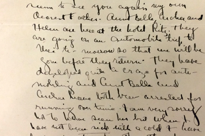 A 1901 letter from Marian Huntington to her father, Henry E. Huntington, in which she mentions that Henry’s wife, Arabella, and Arabella's son, Archer, have received speeding tickets while driving outside of Paris, France.
