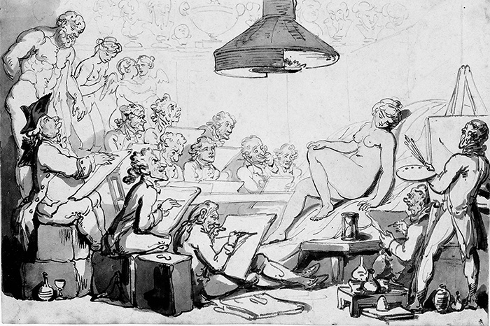 In The Life Class, Rowlandson pokes fun at old men leering at a young, naked model. The one serious artist is also the young and handsome one—could it be Rowlandson? (No date, pen and gray wash, rendered here in black and white.) The Huntington Library, Art Collections, and Botanical Gardens. Gilbert Davis Collection. On view in “Working Women.”