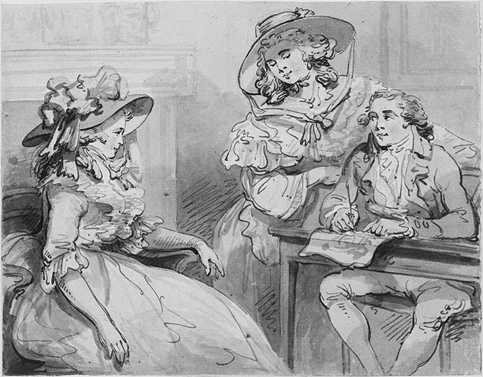 Thomas Rowlandson, Rowlandson and his Fair Sitters, no date, pen and watercolor, rendered here in black and white. The Huntington Library, Art Collections, and Botanical Gardens. Gift of Homer Crotty. On view in “Working Women.”