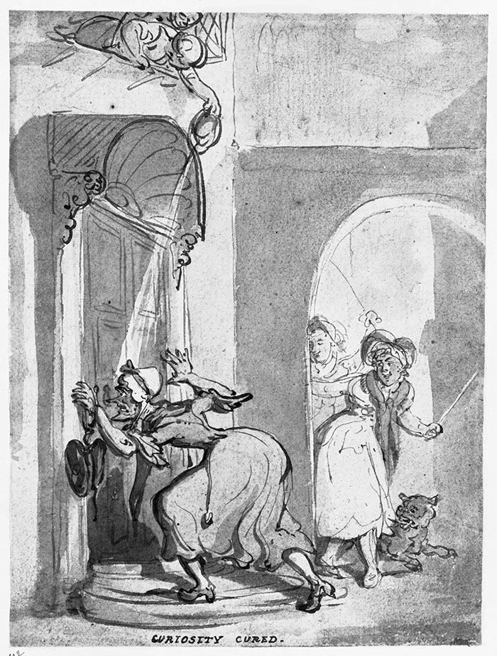 In Curiosity Cured, Rowlandson shows little patience for an old woman’s prurience. His suggested cure: a judicious thwack. (No date, pen and watercolor, rendered here in black and white.) The Huntington Library, Art Collections, and Botanical Gardens.