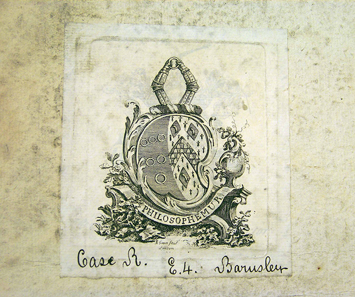 Close-up of the Musgrave bookplate in Newton’s copy of Mede’s Works (1672), showing the motto Philosophemur (“let us philosophize”) and the Barnsley Park shelf mark, “Case R. E.4. Barnsley.” The Huntington Library, Art Collections, and Botanical Gardens.