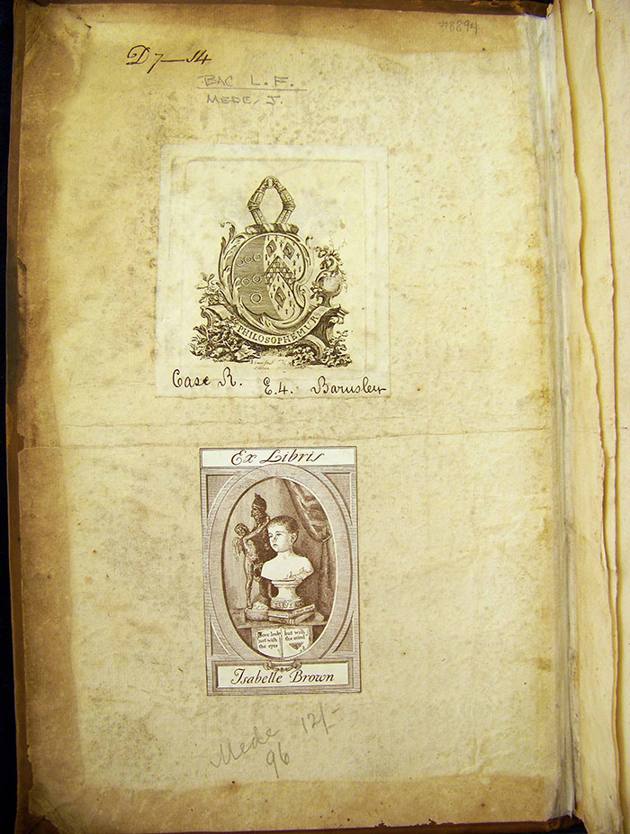 Inside front cover of Newton’s copy of Mede’s Works (1672), showing the Musgrave shelf mark “D7—14,” the Musgrave bookplate and the bookplate of subsequent owner Isabelle Kittson Brown. The Huntington Library, Art Collections, and Botanical Gardens.