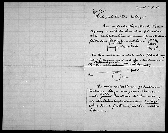 In his letter to George Ellery Hale, Einstein illustrates starlight being deflected by the gravity of the sun. Oct. 14, 1913. The Huntington Library, Art Collections, and Botanical Gardens.
