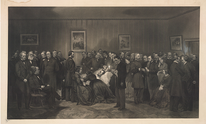 The Last Hours of Abraham Lincoln, c. 1868, line and stipple engraving (artist’s proof), by John B. Bachelder (1825–1894), after a painting by Alonzo Chappel (1828–1887). The Huntington Library, Art Collections, and Botanical Gardens.