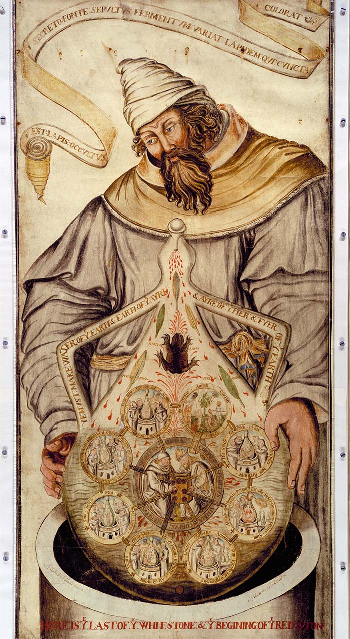 This is a detail of an English alchemical scroll from the 16th century that provides a pictorial synopsis of alchemical philosophy, depicting the successive processes—through the White Stone, the Red Stone, and the Elixir Vitae—in the production of the Philosopher’s Stone. The Huntington Library, Art Collections, and Botanical Gardens.