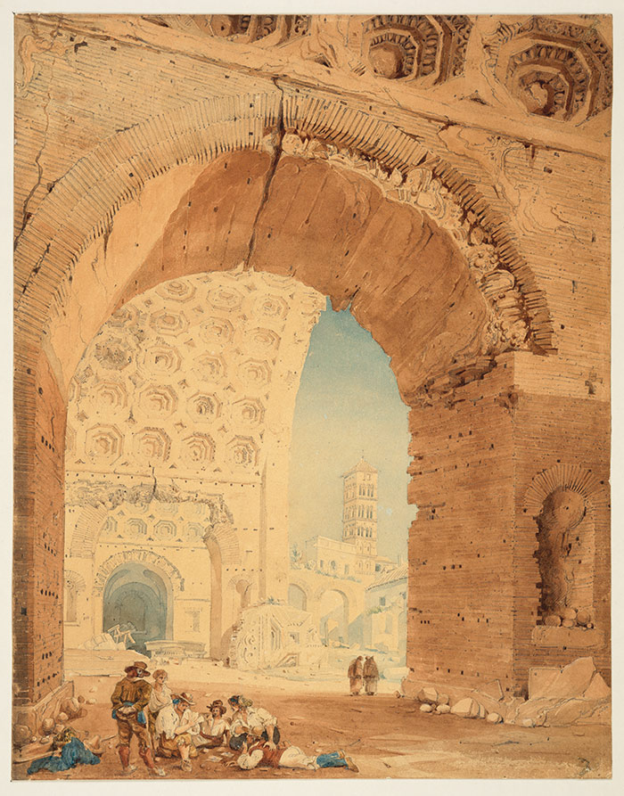 Much of John Goldicutt’s work focuses on the details of ancient Roman architecture. In View in Rome, 1820, he pays special attention to the deep coffers of the towering, fourth-century Basilica of Maxentius. This type of ornamentation was imitated in countless neoclassical buildings throughout Europe. The Huntington Library, Art Collections, and Botanical Gardens.