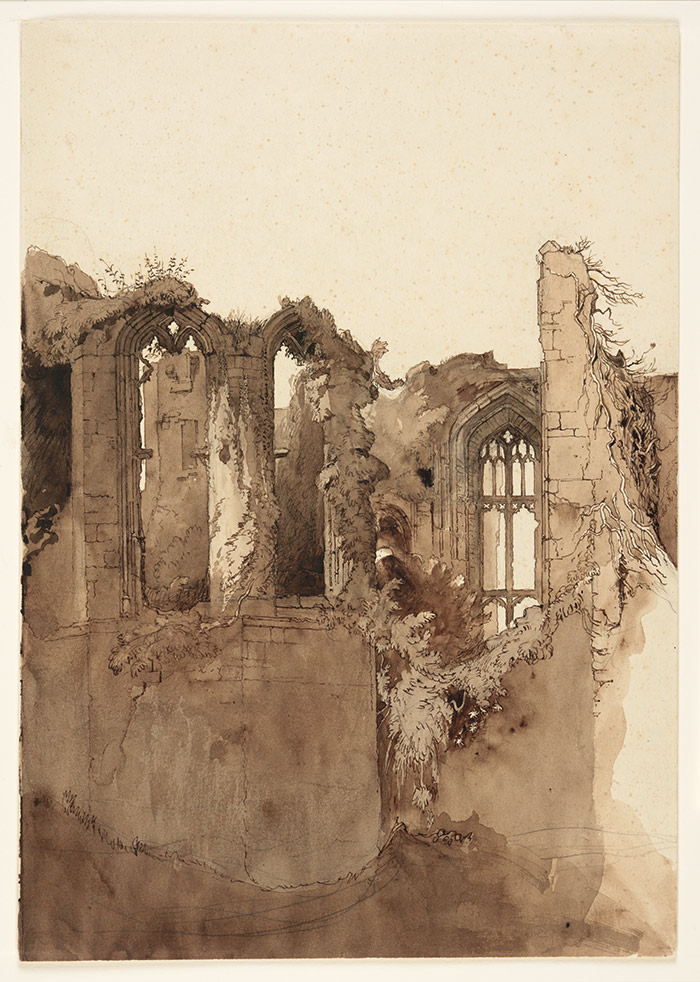 Many of the sites depicted in “Glory After the Fall” hosted ancient emperors. John Ruskin's Kenilworth, n.d., accommodated an equally illustrious ruler, Queen Elizabeth I, in 1572 and again in 1575. The Huntington Library, Art Collections, and Botanical Gardens.