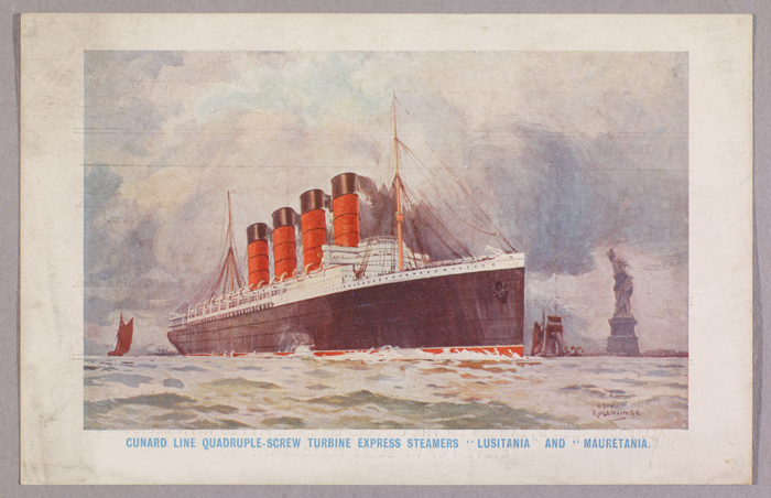 Cunard Line produced this postcard-sized “souvenir log” (1908) depicting the "Lusitania" departing New York Harbor, with the Statue of Liberty in the background. The Huntington Library, Art Collections, and Botanical Gardens.