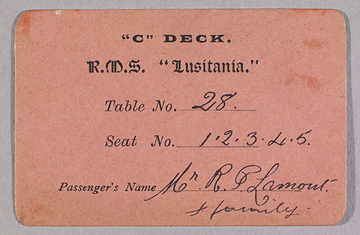A place card (1914) from the "Lusitania" indicates where a passenger and his four family members should sit. The Huntington Library, Art Collections, and Botanical Gardens.