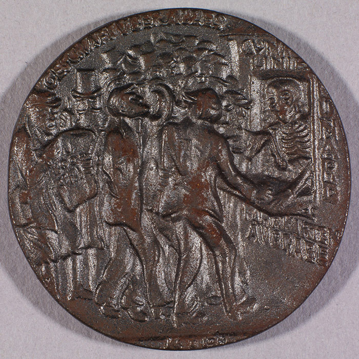 A copy of a medallion (1916) designed in Germany, showing passengers of the "Lusitania" buying tickets from Death. From the author's collection.