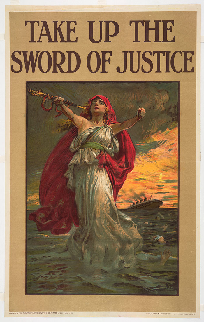 “Take Up the Sword of Justice,” 1915, Bernard Partridge (1861-1945), color lithograph, 40 1/16 x 25 in. The Huntington Library, Art Collections, and Botanical Gardens.