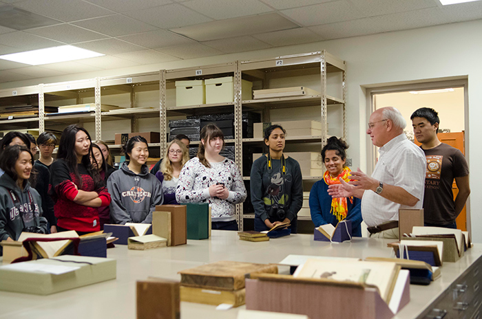 Alan Jutzi, The Huntington’s Avery Chief Curator of Rare Books, has been collaborating with Caltech’s Kevin Gilmartin for more than a decade to help students understand the historical context in which literature is produced. Photo by Lance Hayashida/Caltech.