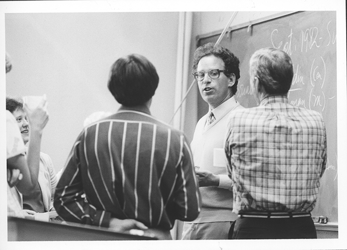 Professor Koblik in a Pomona College classroom in 1983. Photograph courtesy of Pomona College Archives.