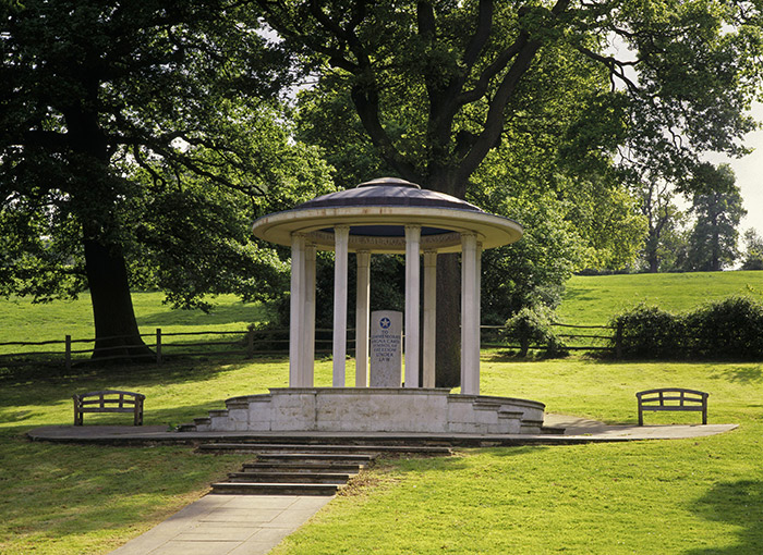 View of the Magna Carta Memorial, Runnymede, Surrey. The memorial marks the spot in England where Magna Carta was sealed in 1215. Photograph © National Trust/Andrew Butler.