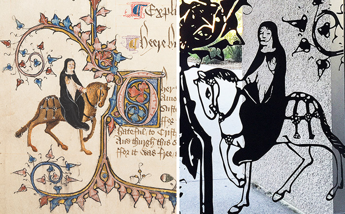 “In the original, you can see the contrast between the red, the gold, and the blue, but when it shifted to black and white, all that became just a dark blob,” explains Katura Reynolds, describing the challenge of transferring the 600-year-old illuminated manuscript to window stencils. Left: Geoffrey Chaucer (ca. 1343–1402), The Prioress’s Tale, from the Ellesmere manuscript of The Canterbury Tales, England, ca. 1400–1405. The Huntington Library, Art Collections, and Botanical Gardens. Right: detail of the prioress in the Mapel Orientation Gallery window.