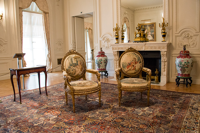 Like other wealthy Americans during the Gilded Age, Arabella Huntington prized the art and design of late 18th-century France for its fine craftsmanship and association with the royal court of Louis XVI and Marie Antoinette. In the Large Drawing Room of the Huntington Art Gallery (formerly the Huntingtons' home), many decorative features, including the paneling and chimneypiece, derive from examples in the Petit Trianon at the Palace of Versailles. Photo by Kate Lain.