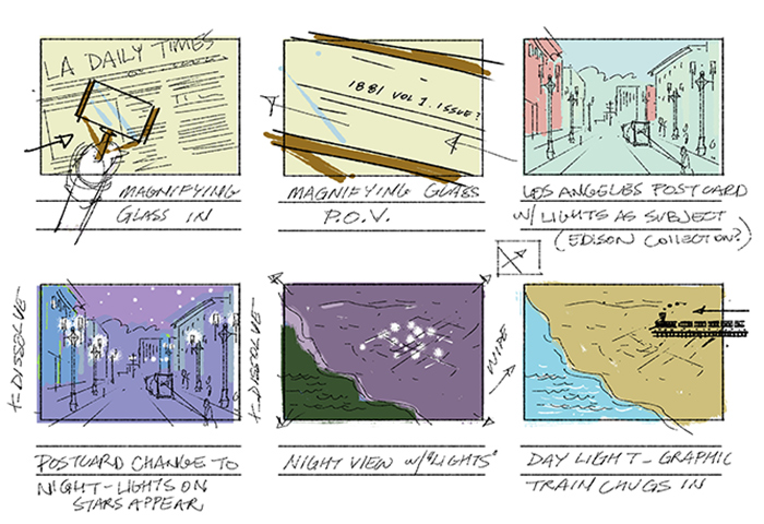 This section of the storyboard evokes Henry Huntington’s first visit to Southern California in 1892. An animated train engine chugs across a map of the region in the final frame.