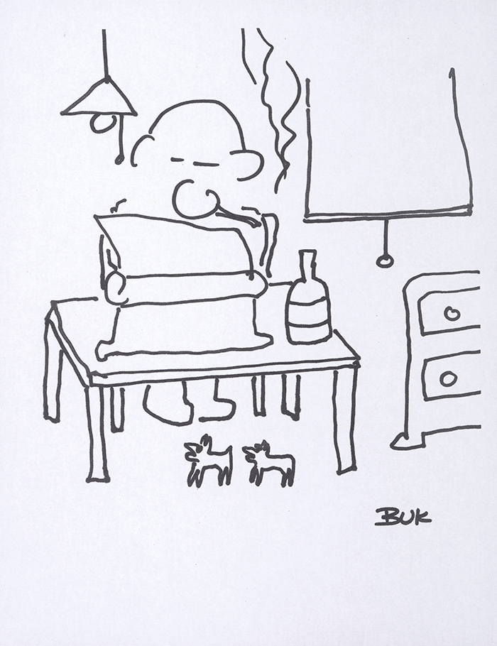 “All I need now is what I needed then: a desk lamp, the typer, the bottle, the radio, classical music, and this room on fire.” From “I am a Mole.” Self-portrait by Charles Bukowski. Undated. From the collection of Linda Lee Bukowski.