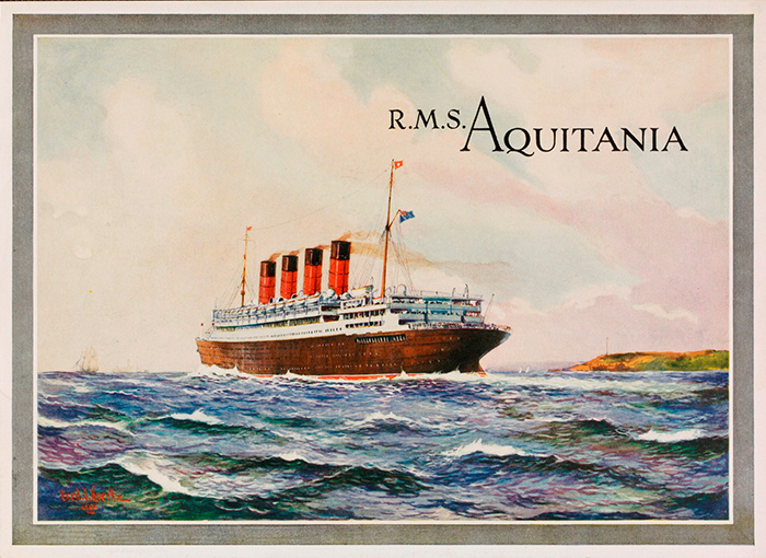 Cover of a brochure for the RMS Aquitania, from Cunard Steamship Company, ca. 1925. The Huntington Library, Art Collections, and Botanical Gardens.