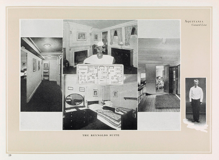 Photographs and a plan of the Reynolds Suite, a mirror image of the Gainsborough Suite, from the RMS Aquitania brochure, ca. 1925. The Huntington Library, Art Collections, and Botanical Gardens.