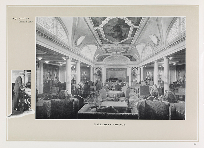A view of the Palladian Lounge, an elegant room recalling the designs of 16th-century Venetian architect Andrea Palladio, from the RMS Aquitania brochure, ca. 1925. The Huntington Library, Art Collections, and Botanical Gardens.