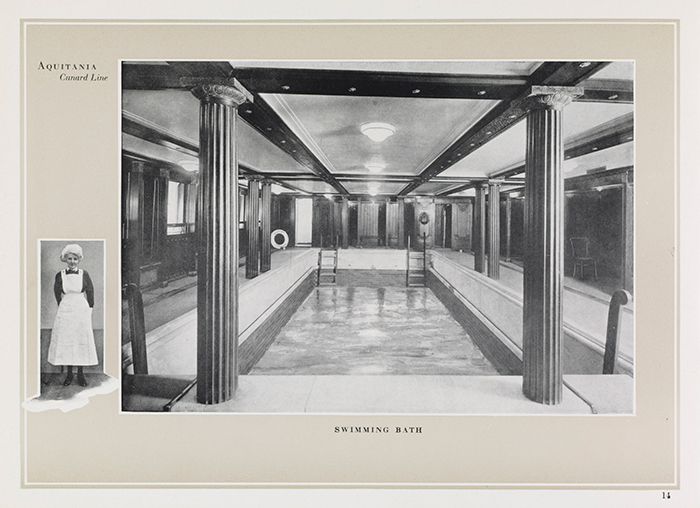 For entertainment, first-class passengers had at their disposal a pool, a gymnasium, and a series of lounges, from the RMS Aquitania brochure, ca. 1925. The Huntington Library, Art Collections, and Botanical Gardens.