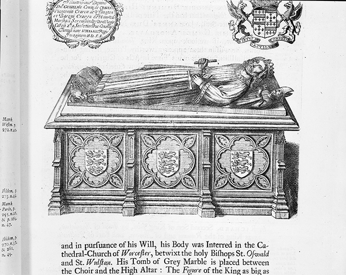 An image of King John’s tomb in Worcester Cathedral in England, from A genealogical history of the kings of England, and monarchs of Great Britain, &c. from the conquest, anno 1066 to the year, 1677, (1707), by Francis Sandford (1630–1694), rendered here in black and white. The Huntington Library, Art Collections, and Botanical Gardens.