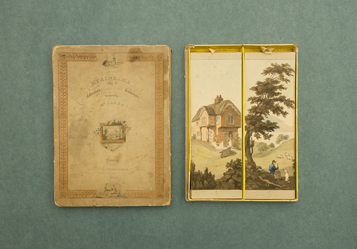Myriorama: A Collection of Many Thousand Landscapes, Designed by Mr Clark, aquatints by John Heaviside Clark, published by Samuel Leigh, 1824, 16 colored plates in box, 20 x 7 cm. The Huntington Library, Art Collections, and Botanical Gardens.