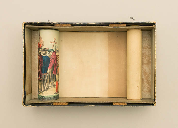 The Huntington’s Historiscope, viewed from the back, reveals the long paper scroll of the panorama wound around rollers.