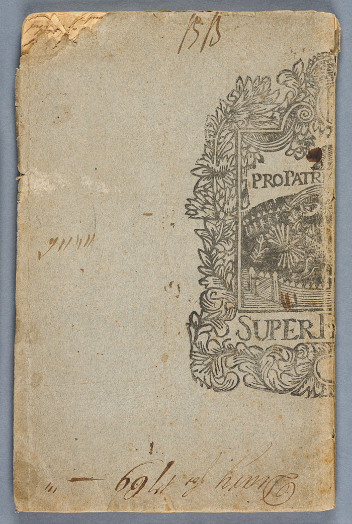 Cover of Thomas Parsons’ diary. The stamp that appears on the front and back is a logo used by a Dutch writing-paper company. When Parsons bought the pad of writing paper, he folded it in half to make a booklet. The Huntington Library, Art Collections, and Botanical Gardens.