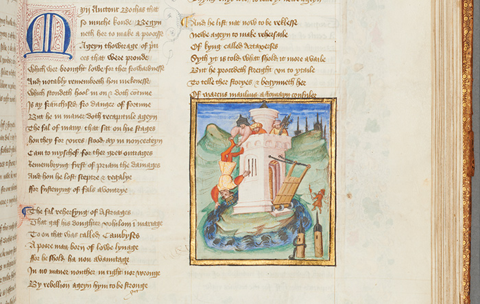 Marcus Manlius hung over the Tiber River (detail of page), from Fall of Princes, folio 81. Fall of Princes, by the Benedictine writer John Lydgate (ca. 1370-1450), is considered the longest poem in the English language. The Huntington Library, Art Collection, and Botanical Gardens.