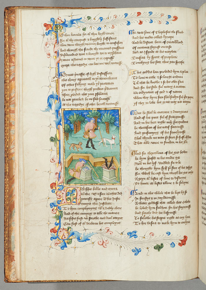 Narcissus falls into the well, from John Lydgate’s Fall of Princes, folio 8v. The Huntington Library, Art Collection, and Botanical Gardens.