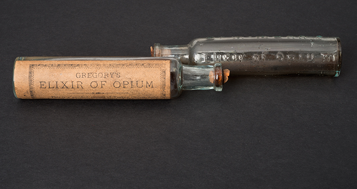 In her chapter on drug addiction—a common affliction of the characters in Sporting Guide—Goldwyn features an image based on the item on the left from The Huntington’s Jay T. Last Collection: Gregory’s Elixir of Opium, Buffalo, New York. ca. 1830-60. 12 cm. x 3 cm. The label reads: “This is a purified extract of turkey opium, containing all the valuable properties of the drug, but freed from its noxious principles. Dose: 10 to 25 drops.” The Huntington Library, Art Collections, and Botanical Gardens.