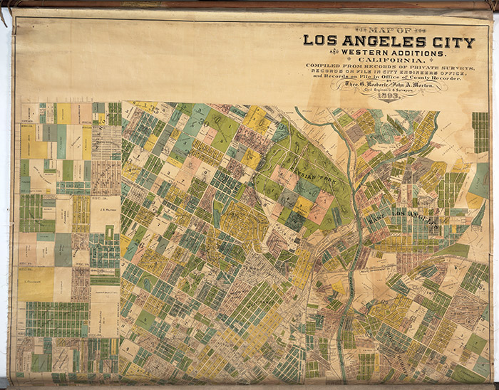 Goldwyn’s book includes this map of Los Angeles, created during the era in which her characters lived. Map of Los Angeles city and western additions compiled from records of . . . Theo. G. Koeberle and John A. Morton, 1893. Los Angeles Lithographic Co. Lithograph, 150 x 150 cm. The Huntington Library, Art Collections, and Botanical Gardens.
