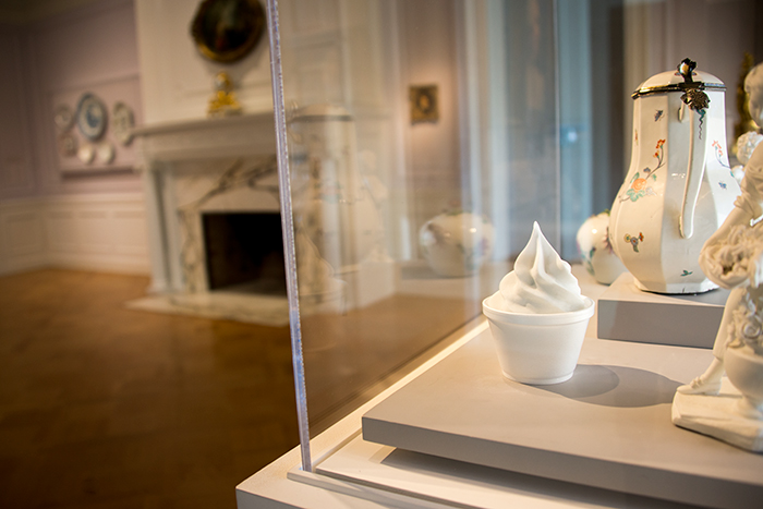 Alex Israel’s The Bigg Chill sits among a selection of French faience pieces in an upstairs room. Photo by Kate Lain.